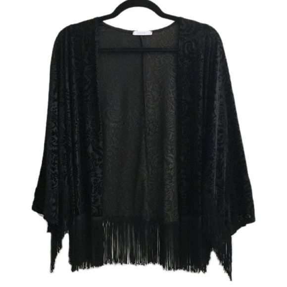 Lush Sweaters - Black Paisley Burnout Print Fringe Hem Kimono